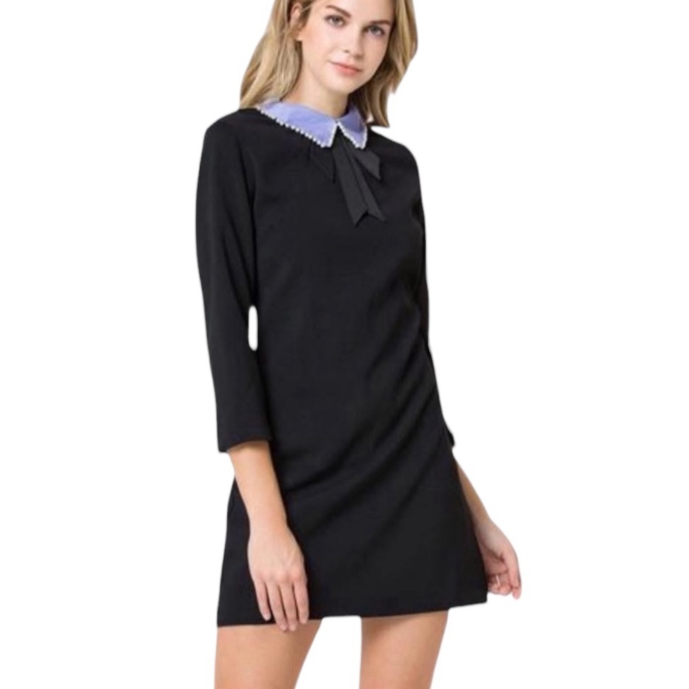 English Factory Black Chambray Pearl Embellished Collar Bow Mini Dress - L